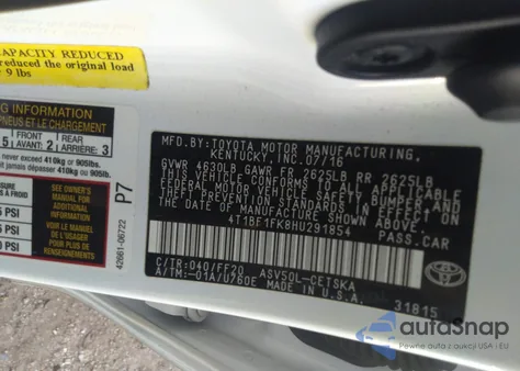 2017 Toyota Camry Se из США, поврежденный, VIN 4T1BF1FK8HU291854